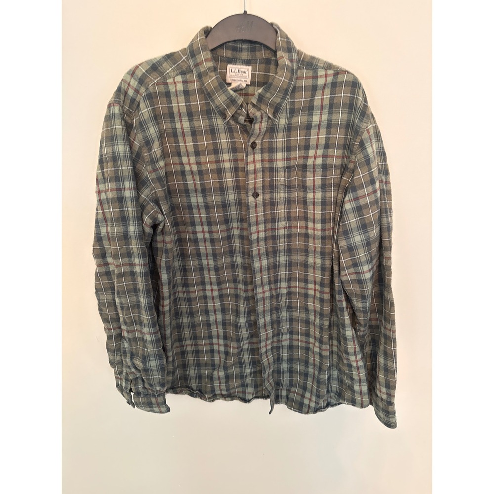 LL Bean Mens XL Plaid Flannel Shirt Green Brown Traditional Fit 228061 Cotton